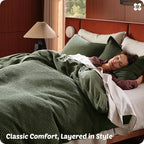 Bedsure Cotton Duvet Cover Set - 100% Cotton Waffle Weave Olive Green Duvet Cover Oversized Queen Size, GentleSoft™ and Breathable Bedding Set for All Season, 3 Pieces, 98"x98"