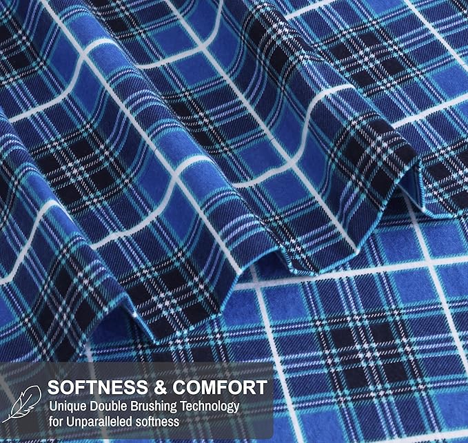 RUVANTI Flannel Sheets Split King Size - 100% Cotton Brushed Split King Bed Sheets Set, Deep Pockets 16 Inches, All Seasons Breathable & Extra Soft, Warm & Cozy, 5 Piece, Blue Plaid