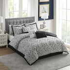 King Size Comforter Set - Soft & Breathable 7-Piece Bedding Collection - 1 Comforter, 2 Pillow Shams, 1 Bed Skirt & 3 Decorative Accent Pillows - Premium Quality, King, Black/White Damask