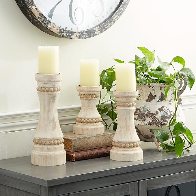 Deco 79 Wood Solid Candle Holder, Set of 3 12", 9", 7"H, Cream