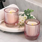 Blush Pink Vintage Ribbed Glass Tealight Votive Candle Holders by Kate Aspen (Set of 6), Pink Decor, Boho Decor, Shelf Decoration, Rose Gold Look | Perfect Hostess Gift (Pack of 6)