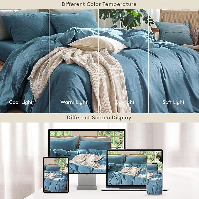 MooMee Bedding Duvet Cover Set 100% Washed Cotton Linen Like Textured Breathable Durable Soft Comfy (Heathered Peacock Blue, Cal King 104"x98")
