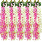 Giegxin 24 Pcs Artificial Wisteria Hanging Flowers 3.6 ft Artificial Fake Wisteria Vine Rattan Hanging Garland Silk Flowers String for Wall Home Wedding Party Greenery Decorations (Dark Pink,White)