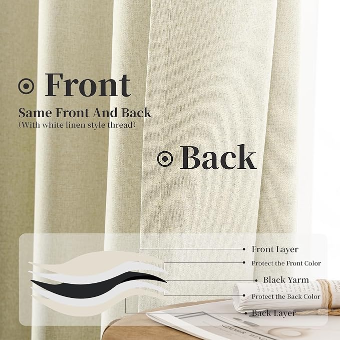 KangBang 102 Inches Long Cream Blackout Linen Curtains, Back Tab Rod Pocket Pleated UV Protection Curtains for Bedroom, Aesthetic Viral Drapes 2 Panels for Hotel Office,52x102