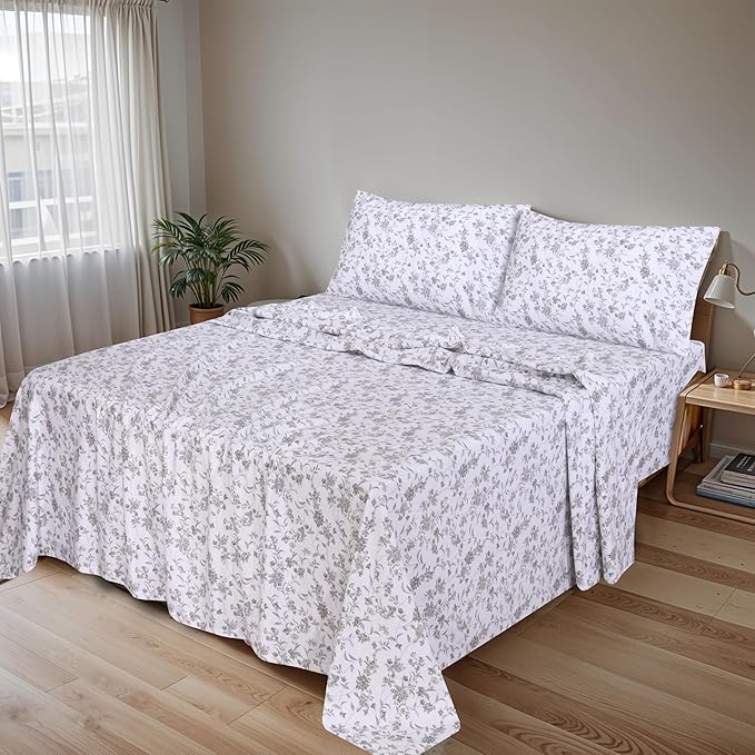RUVANTI Flannel Sheets King Size - 100% Cotton Brushed King Size Sheets Set - Deep Pockets 16 Inches Bed Sheets - All Seasons Breathable & Extra Soft - Warm & Cozy, 4 Piece, Vintage Flora