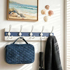 SKOLOO Coastal Wall Mounted Coat Rack - 17" Beach House Entryway Wooden Coat Hook with 5 Hooks for Hanging Coats, Hats or Towels, Oceanfront Cottage Core Collection, White & Blue, Pack of 2