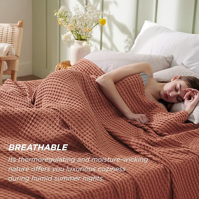 Bedsure Cooling Cotton Waffle Twin XL Blanket - Lightweight Breathable Blanket of Rayon Derived from Bamboo for Hot Sleepers, Luxury Throws for Bed, Couch and Sofa, Red Orange, 66x90 Inches
