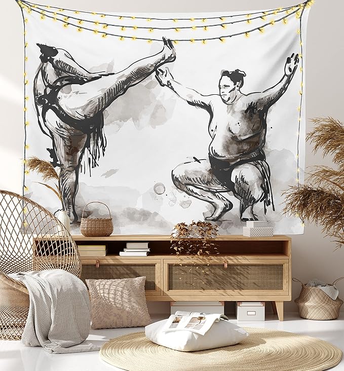 Lunarable Japan Tapestry, Sumo Martial Arts Theme in Hand Drawn Style Wrestlers Sportsmen Self Defence, Fabric Wall Hanging Decor for Bedroom Living Room Dorm, 23" X 28", Black White