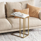 Yusong C Shaped End Table, Couch Side Table That Slide Under Sofa Bed, Small Table for Small Spaces, Skinny Overbed Table for Coffee Drink Snack, Living Room, Gold and White Marbled Wooden Top
