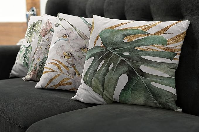 Ambesonne Vintage Tropical Throw Pillow Cushion Case Pack of 4, Retro Botanical Summer Vibes Monstera Leaf Orchid Flowers, Modern Accent Double-Sided Digital Printing, 18", Laurel Green Ginger Blush