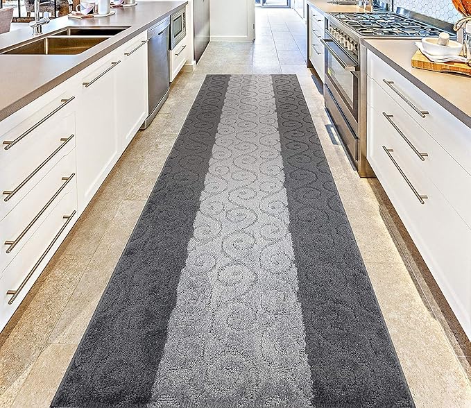 Custom Size Modern Runner Rug Carpet for Hallway Entryway Foyer Kitchen, Slip Resistant Latex Rubber Backed 31 inch Wide X Customized Length, Scroll Grey, 31 inch X 19 feet