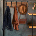WEBI Rustic Coat Rack Wall Mount,Solid Wood Coat Hooks Wall Mounted Coat Hanger,16" Hole to Hole,Hook Rack Rail,5 Triple Hooks for Hanging Coats,Jacket,Clothes,Brown