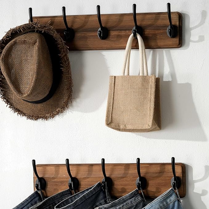 SKOLOO Rustic Wall Mounted Coat Rack, Case of 2, Pine Solid Wood Coat Hook Hanger - 5 Hooks for Hanging Clothes Robes Towels Coats