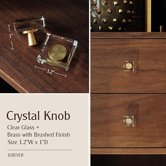 JEREVER 6 Pack Glass Crystal Knobs Brass Drawer Pull Cabinet Handle Gold Furniture Hardware for Dresser Kitchen (Square)