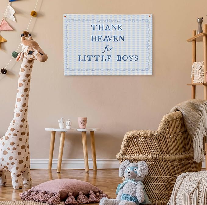 Christian Bible Verse Scripture Rectangular Banner Flag Wall Sign Decor Gift for Baby Boy-Nursery Baby Room Bedroom Decor-Baby,Shower Birthday Christmas Gift-Thank Heaven for Little Boys