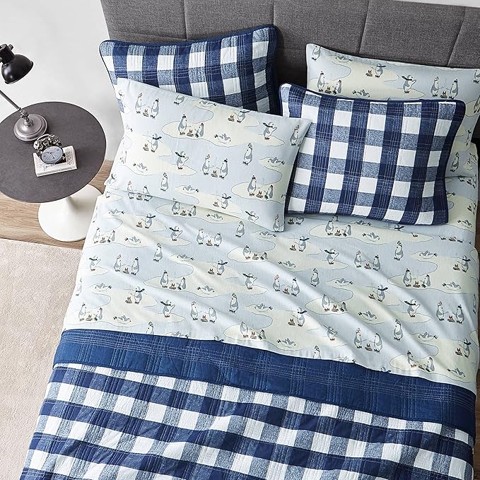 Eddie Bauer - Full Sheets, Cotton Flannel Bedding Set, Brushed for Extra Softness, Cozy Home Decor (Skating Penguin, 4 pcs, Full)