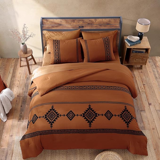 MaiRêve Oversized Queen Comforter Set Burnt Orange, Embroidery Western Bedding Set Boho 7 Pieces, Farmhouse All Season Bed in A Bag with Sheets, Pillowcases & Shams
