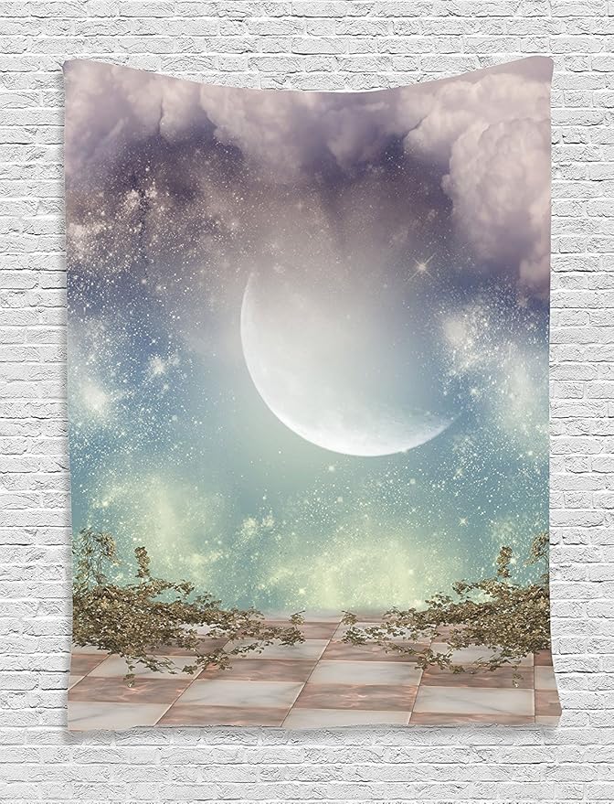 Ambesonne Mystic Tapestry, Fantasy Landscape Stars and Milky Way Half Moon Sky View from Balcony, Wall Hanging for Bedroom Living Room Dorm, 60" X 80", Turquoise Purple