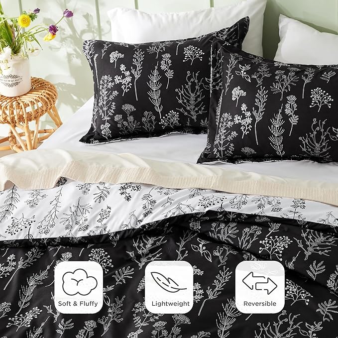 Bedsure Twin/Twin XL Comforter Set - Black Bed Set, 2 Pieces Cute Floral Bedding, 1 Soft Reversible Botanical Flowers Comforter and 1 Pillow Sham