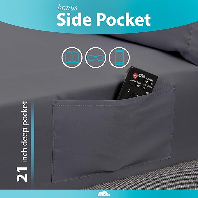DREAMCARE Twin Sheets - 3pcs Cooling Sheets – up to 21” Extra Deep Pocket Twin Bed Sheets - Twin Sheet Set - Bed Sheets Twin - Soft & Long Lasting 100% Fine Brushed Polyester with Side Pocket - Gray