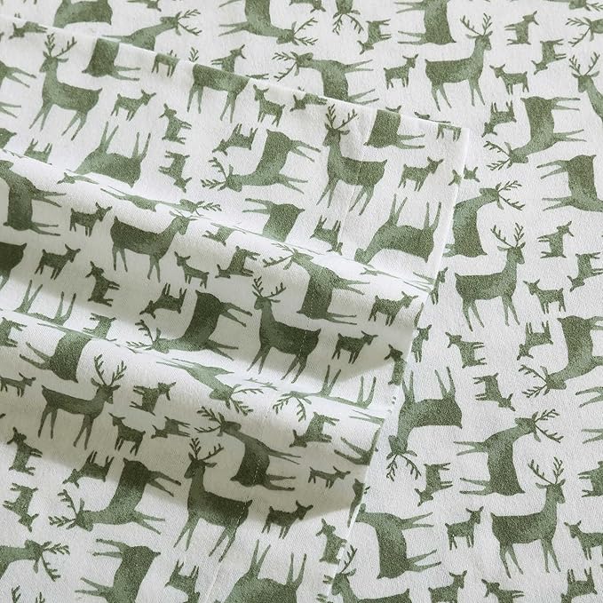 Eddie Bauer - Flannel Sheets King Size, Anti-Pilling & Wrinkle Resistant Cotton, Touchably Soft for All-Season Comfort - Bed Sheets with Matching Pillowcases & Fitted Sheet (Deer Camp Green)