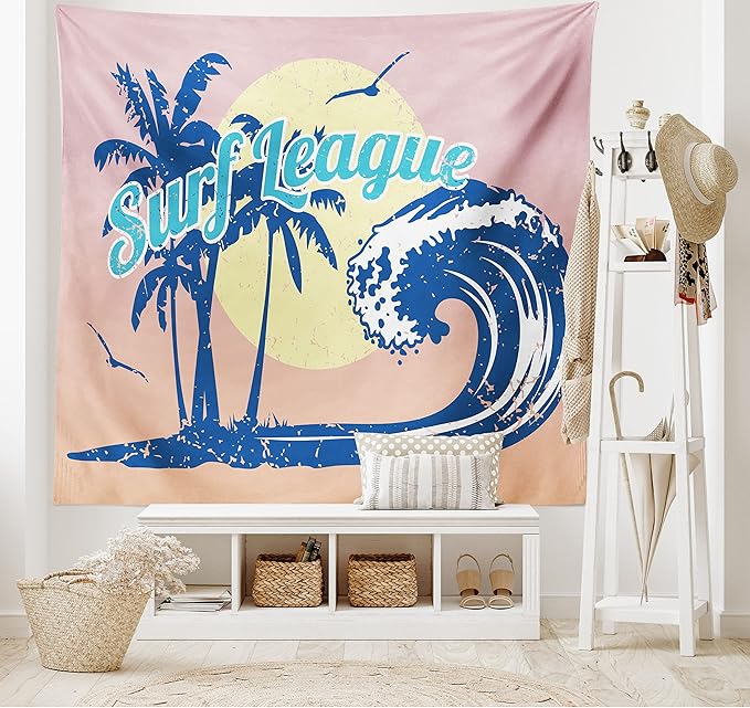 Lunarable Vintage Hawaii Tapestry, Surf League Lettering with Wave Tropical Trees and Birds Silhouettes Print, Fabric Wall Hanging Decor for Bedroom Living Room Dorm, 28" X 23", Pink Blue