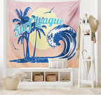Lunarable Vintage Hawaii Tapestry, Surf League Lettering with Wave Tropical Trees and Birds Silhouettes Print, Fabric Wall Hanging Decor for Bedroom Living Room Dorm, 45" X 30", Pink Blue