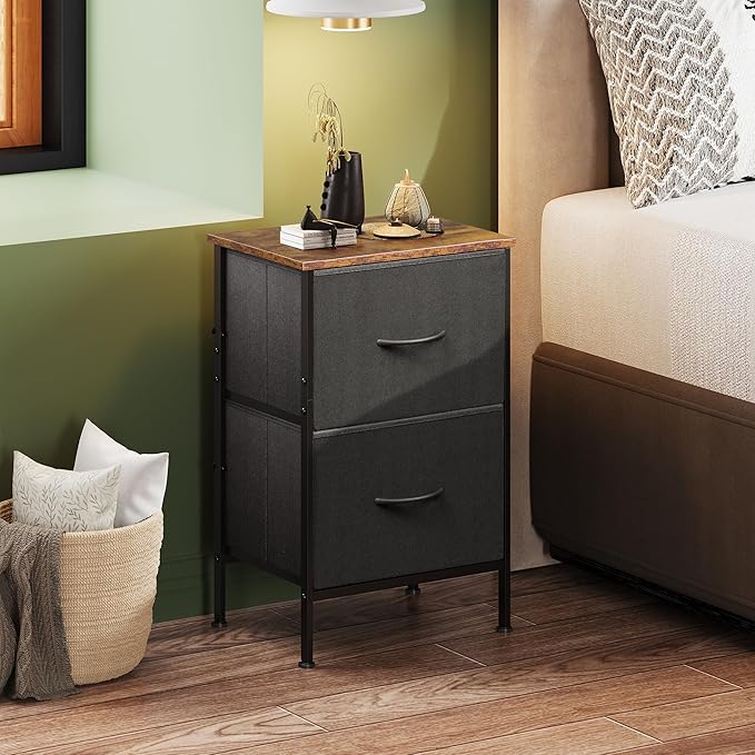 WLIVE Nightstand, Nightstand with 2 Drawers, Bedside Furniture, Night Stand, Small Dresser for Bedroom, College Dorm, End Table with Fabric Bins, Dormitory, Black and Rustic Brown, Size L