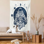Lunarable Moon Phases Tapestry, Spaceman Silhouette Sitting in Lotus Pose Yoga Zodiac Harmony, Wall Hanging for Bedroom Living Room Dorm Decor, 60" X 80", Blue White