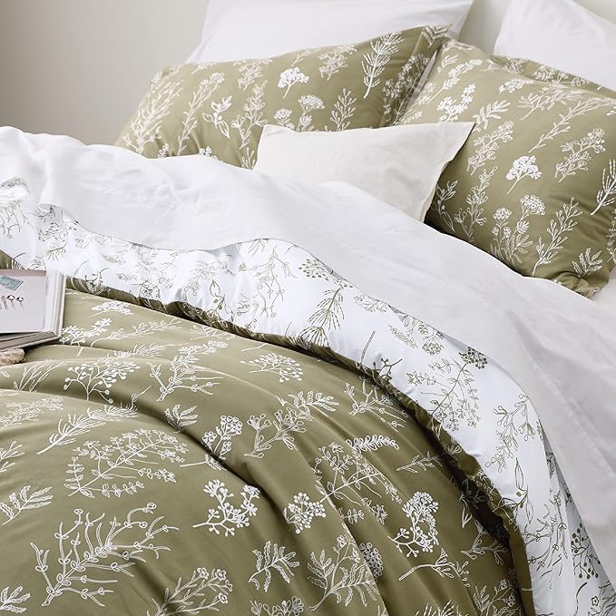 Bedsure Full Comforter Set - Olive Green Bed Set, 3 Pieces Cute Floral Bedding, 1 Soft Reversible Botanical Flowers Comforter and 2 Pillow Shams