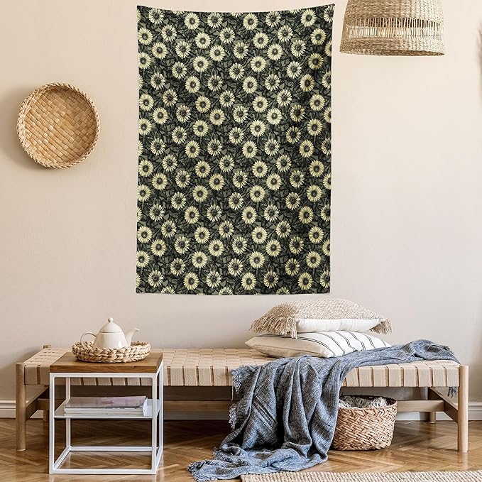 Lunarable Sunflower Tapestry Queen Size, Abstract Nature Inspired Illustration Bouquet Retro Composition, Wall Hanging Bedspread Bed Cover Wall Decor, Queen Size, Yellow Green