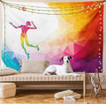 Lunarable Volleyball Tapestry, Colorful Polygonal Background Triangles Jumping Woman Striking The Ball, Wide Wall Hanging for Bedroom Living Room Dorm, 80" X 60", Purple Blue