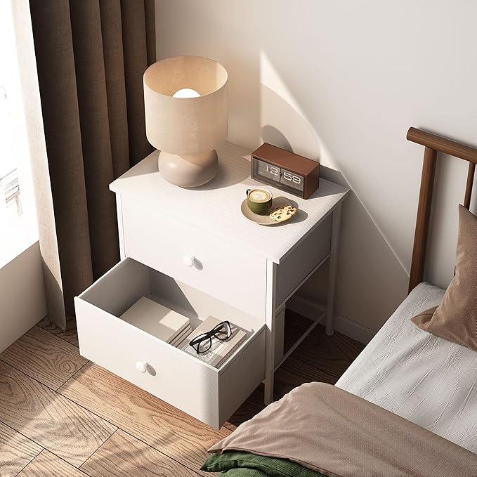 BOLUO White Nightstand with Drawer Dresser for Bedroom Nightstands,Night Stand and Dressers Sets End Table with 2 Fabric Drawers Organizer Modern