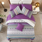 Boho Comforter Set California King Size,8 Piece Bed in a Bag Bohemian Striped Bedding Quilt Set,Purple Paisley Floral Comforter and Sheet Set,Soft Microfiber Complete Bedding Sets for All Season