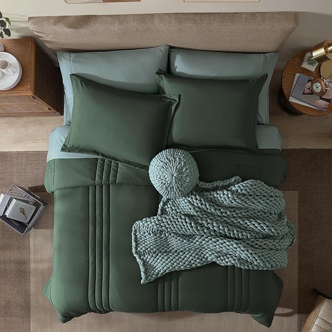 Monbix Queen Comforter Set - 7 Pieces Deep Forest Bed in a Bag Queen Bedding Sets with Comforters, All Seasons Down Alternative Comforter Bed Set with Sheets,Pillowcases & Shams