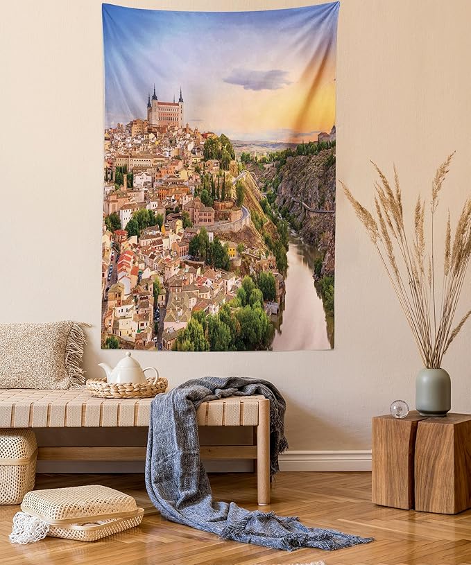 Ambesonne Scenery Tapestry, Toledo Spain Old City Over The Tagus River Downtown Castle Architecture, Wall Hanging for Bedroom Living Room Dorm Decor, 40" X 60", Apricot Cream Green