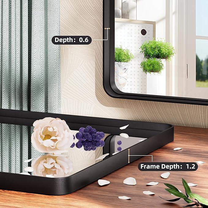 Hasipu Black Bathroom Over Sink Mirror 41x21 Inch Rounded Rectangle Vanity Mirror Metal Framed Wall Mirrors Anti-Rust Surface Mount (Hangs Horizontal or Vertical)
