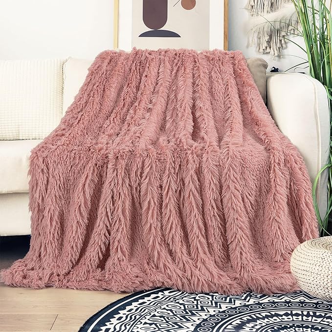 Tuddrom Decorative Extra Soft Faux Fur Blanket Queen Size 80"x90",Solid Reversible Fuzzy Fluffy Plush Fleece Comfy Microfiber Fur Blanket for Couch Sofa Bed,Peach Whip