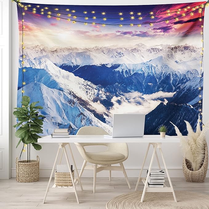 Ambesonne Europe Tapestry, Mountain Peak Snowy Winter Colorful Sky Sunbeams Adventure Austria, Wide Wall Hanging for Bedroom Living Room Dorm, 80" X 60", Coral Night