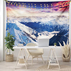 Ambesonne Europe Tapestry, Mountain Peak Snowy Winter Colorful Sky Sunbeams Adventure Austria, Wide Wall Hanging for Bedroom Living Room Dorm, 80" X 60", Coral Night