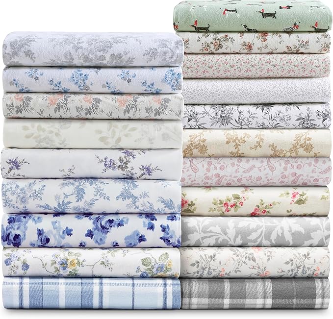 Laura Ashley - Flannel Sheets Queen Size, Anti-Pilling & Wrinkle Resistant Cotton, Touchably Soft for All-Season Comfort - Bed Sheets with Matching Pillowcases & Fitted Sheet (Holiday Pups Green)