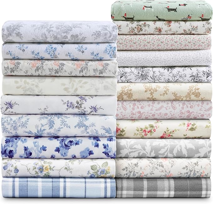 Laura Ashley - Flannel Sheets King Size, Anti-Pilling & Wrinkle Resistant Cotton, Touchably Soft for All-Season Comfort - Bed Sheets with Matching Pillowcases & Fitted Sheet (Audrey Blue)