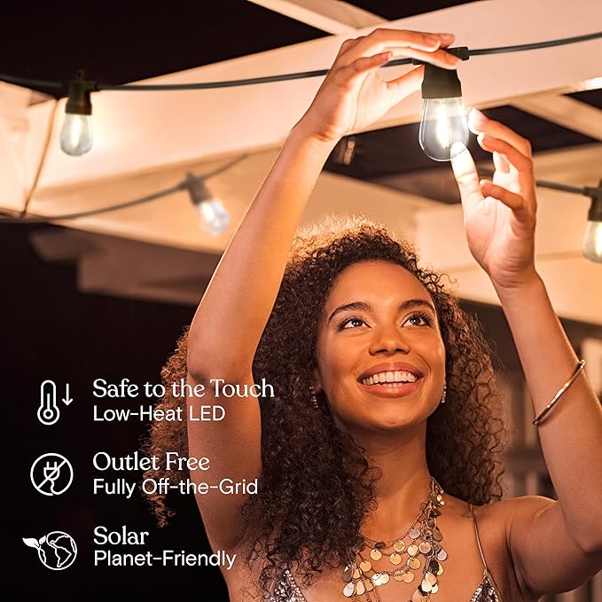 Brightech Ambience Pro Solar Powered Outdoor String Lights, 48 ft Commercial Grade Waterproof Patio Lights, 15 Edison Bulbs, Shatterproof LED String Lights for Outside, Porch - 1W Soft White