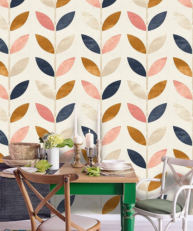 Removable Peel 'n Stick Wallpaper, Self-Adhesive Wall Mural, Rose Gold Blue Floral Pattern, Nursery Baby’s Room Decor • Scandinavian Design (24"W x 96"H Inches)