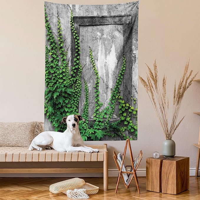 Ambesonne Mystic Tapestry, Ivy Plant on Wall Aged Antique Looking Picture Frame as a Window Creative Art, Wall Hanging for Bedroom Living Room Dorm Decor, 40" X 60", Green Grey