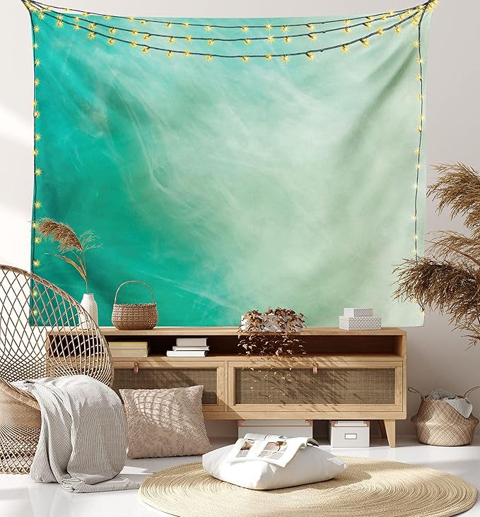Lunarable Aqua Tapestry Twin Size, Watercolor Effect Wave Pattern Abstract Underwater Illustration Calming Artwork, Wall Hanging Bedspread Bed Cover Wall Decor, Twin Size, White Mint