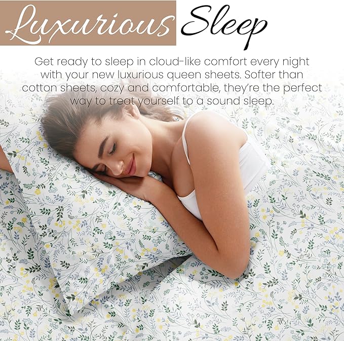 Linen Market 4 Piece Queen Sheet Set - Breathable, Double-Brushed Patterned Cooling Sheets – Oeko-TEX Certified Ultra Soft & Wrinkle-Free 16" Deep-Pocket Queen Sheets - Easy Care Wildflower Blue