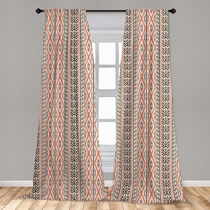 Ambesonne Southwestern Window Curtains Pack of 2, Traditional Vertical Borders Inspired by Prehistoric Art Ikat Style, Lightweight Set with Rod Pocket, 4 Panels of - 28" x 95", Brown Coral