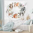 Lunarable Woodland Tapestry, Animals of The Forest Mushrooms Acorns Circular Frame Cartoon Pastel Colors, Wide Wall Hanging for Bedroom Living Room Dorm, 60" X 40", Multicolor
