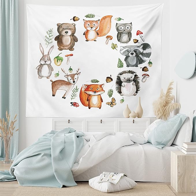 Lunarable Woodland Tapestry, Animals of The Forest Mushrooms Acorns Circular Frame Cartoon Pastel Colors, Wide Wall Hanging for Bedroom Living Room Dorm, 60" X 40", Multicolor